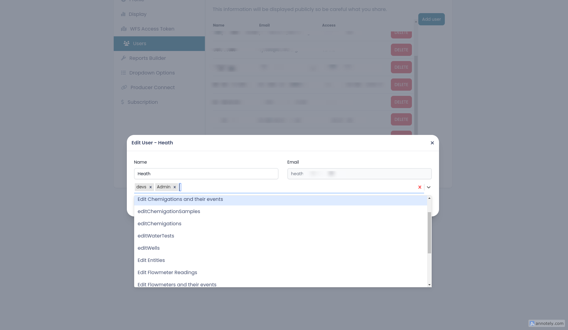 HydroData user permissions